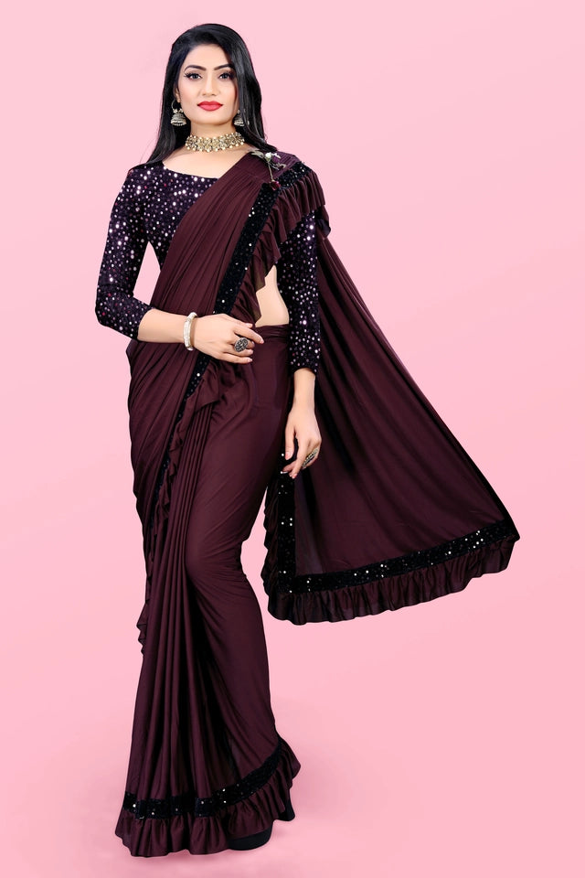 Affordable party wear saree for women in dark maroon with sequin blouse and ruffled border