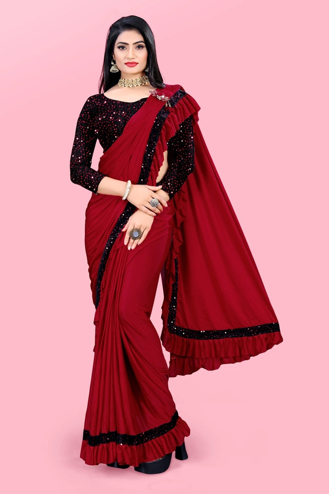 Affordable party wear saree for women in red with black sequined blouse and ruffle border