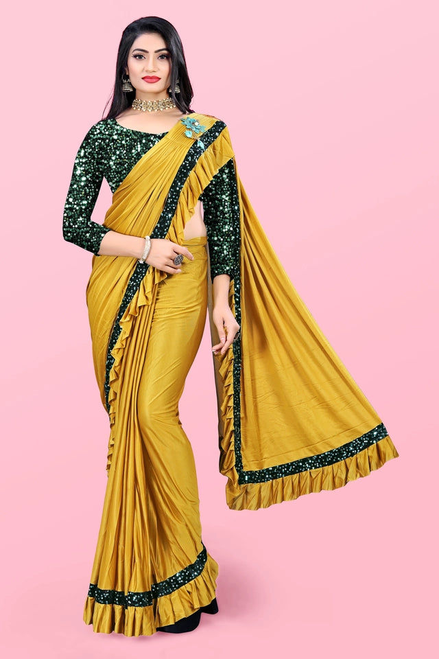 Affordable party wear saree for women in mustard yellow with black sequin blouse and border detailing