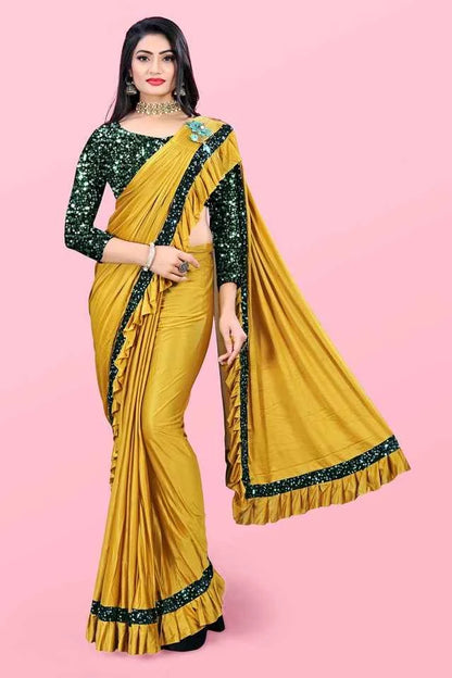 Affordable party wear saree for women in mustard yellow with black sequin blouse and border detailing