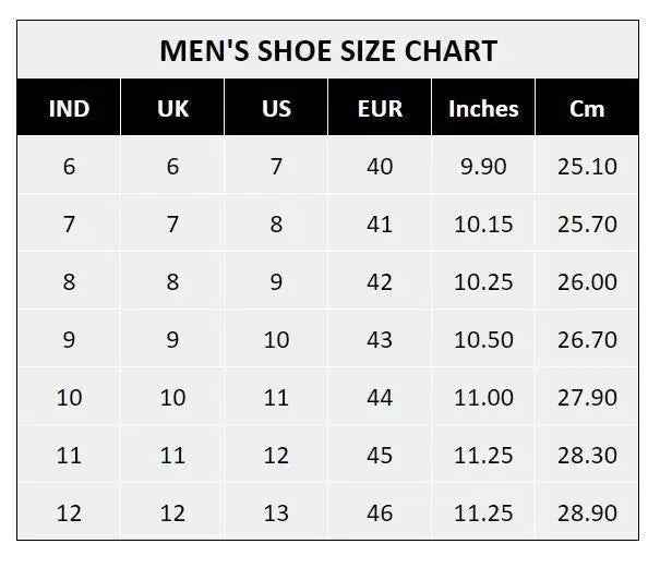 Men's shoe size chart for black slip on boots for men with UK US EUR sizes and foot length in inches and cm