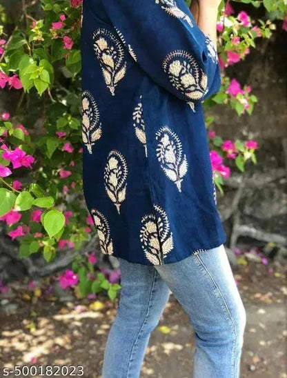 13374 Block Print Kurtis for Women - Stylish Navy Blue
