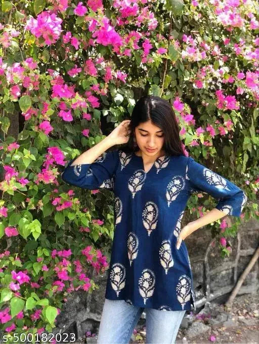 13374 Block Print Kurtis for Women - Stylish Navy Blue