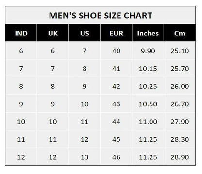 Men's shoe size chart showing UK US EUR sizes with inches and centimeters for casual black boots for men