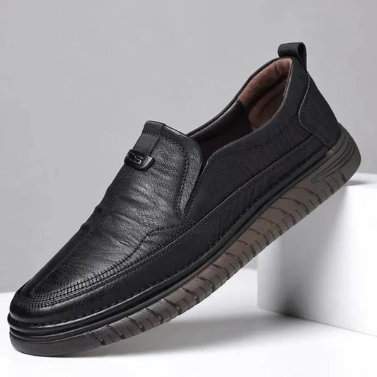 Black mens formal leather shoes for office wear with slip-on design and rubber sole