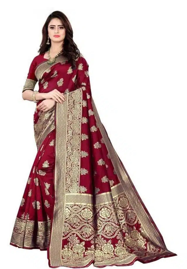 Model wearing maroon saree with gold jacquard foil motifs and ornate border black jacquard foil printed saree