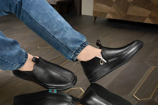 Black men's casual shoes designed as comfortable daily wear shoes for men with zipper detail