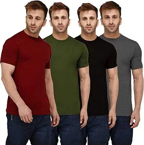 Mens cotton t-shirts pack of 4 in red green black and gray colors with crew neck design