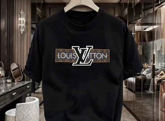 Black mens designer logo t-shirt featuring Louis Vuitton style emblem on chest