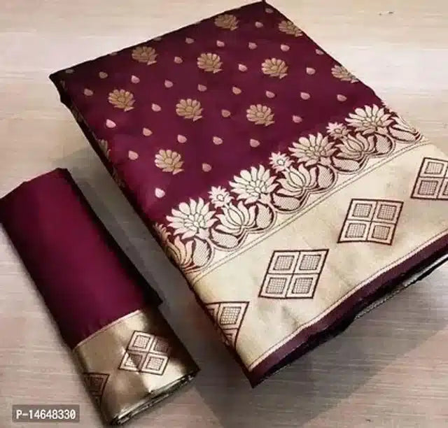 Maroon and gold floral jacquard printed saree for women with broad golden border and matching blouse