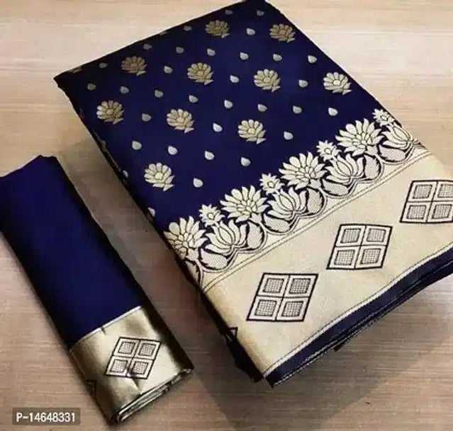Navy blue jacquard printed saree for women with gold floral motifs woven border and matching blouse piece