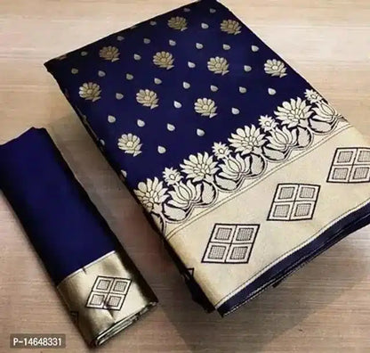 Navy blue jacquard printed saree for women with gold floral motifs woven border and matching blouse piece
