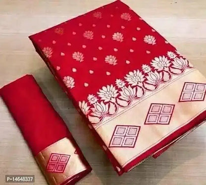 Red jacquard printed saree for women with gold floral lotus border geometric motifs and matching blouse piece folded