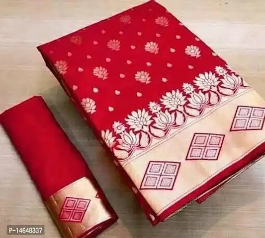 Red jacquard printed saree for women with gold floral lotus border geometric motifs and matching blouse piece folded