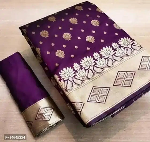 Purple and gold jacquard printed saree for women with floral motifs gold zari border and matching blouse piece