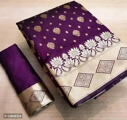 Purple and gold jacquard printed saree for women with floral motifs gold zari border and matching blouse piece