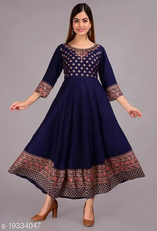 Rayon Anarkali Kurti for Women - Elegant Navy Blue Design