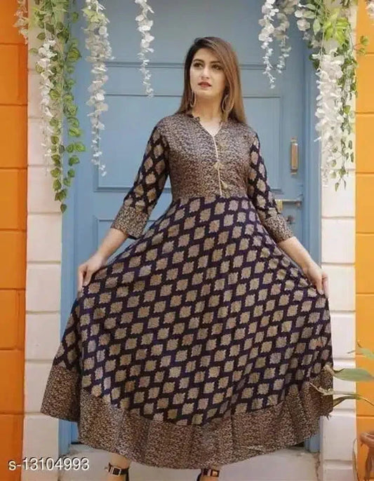 Woman wearing a stylish brown and navy rayon printed kurti for women with full sleeves and geometric patterns