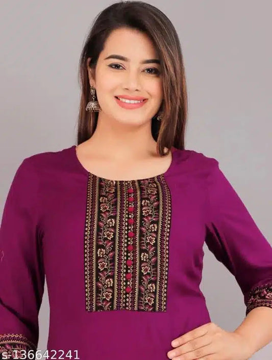 Designer rayon kurti for women in purple with intricate embroidery on front and sleeve details