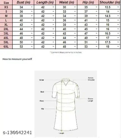 Size chart and measurement guide for designer rayon kurti for women showing bust waist hip shoulder and length in inches