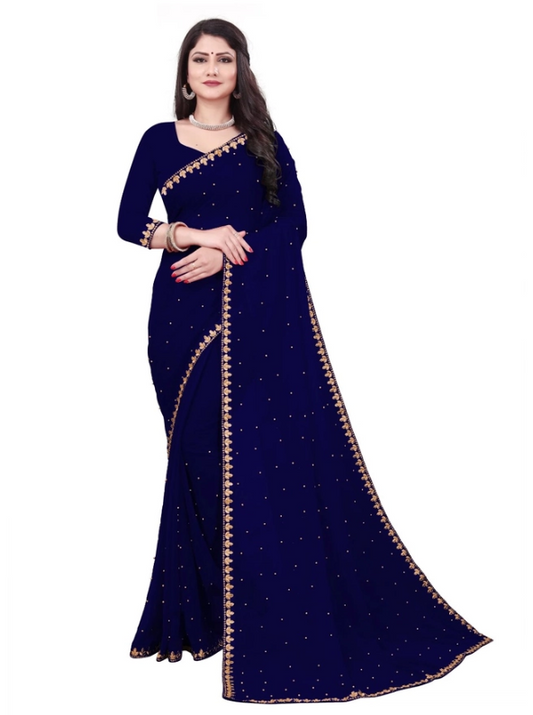 Model wearing navy blue saree with gold scalloped border and subtle sequin dots party wear blue saree online