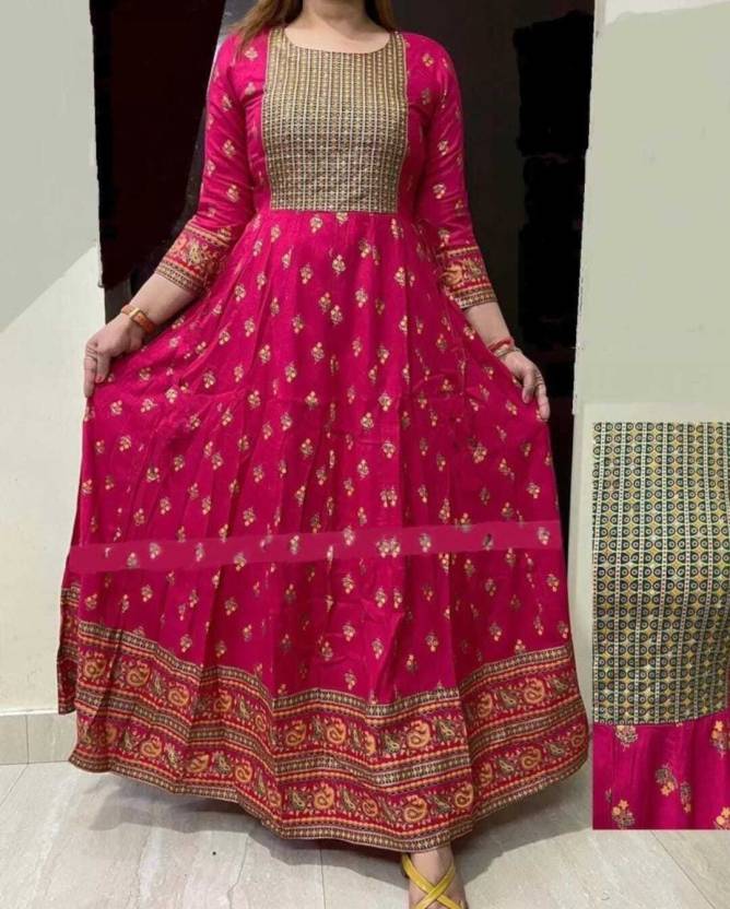 Pink rayon printed kurti for women with long sleeves and traditional gold motifs