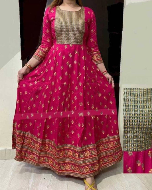 Pink rayon printed kurti for women with long sleeves and traditional gold motifs