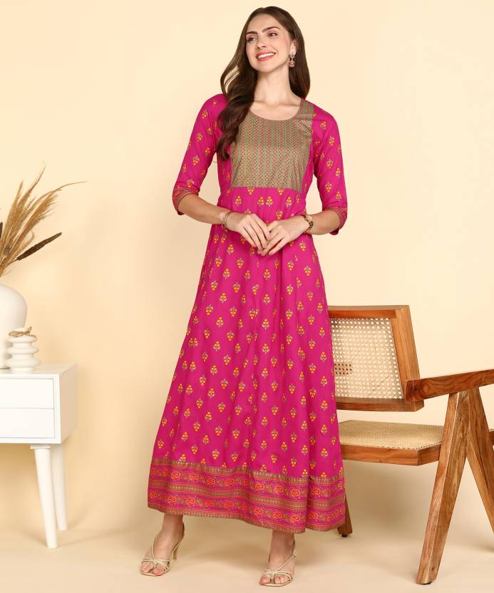 Bright pink rayon printed kurti for women with three-quarter sleeves and stylish patterned design