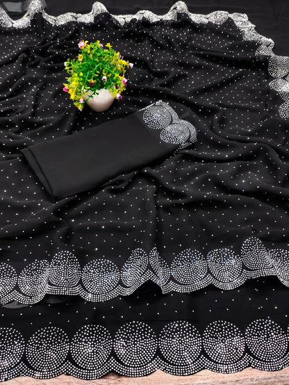 Black georgette saree with silver scalloped embellished border and dotted pattern vendor 6706 red georgette embellished saree