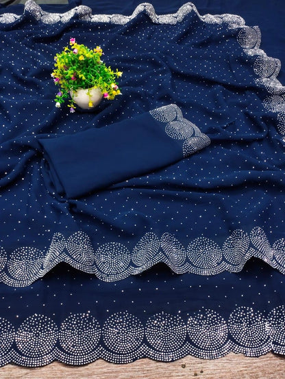 Dark navy georgette saree with silver dotted scallop border and matching blouse piece, red georgette embellished saree