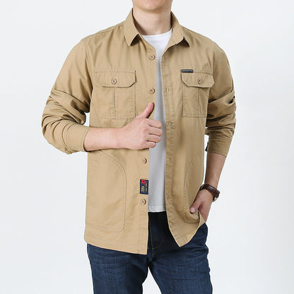 Khaki mens lightweight button up shirt long sleeve with chest pockets styled over white tee