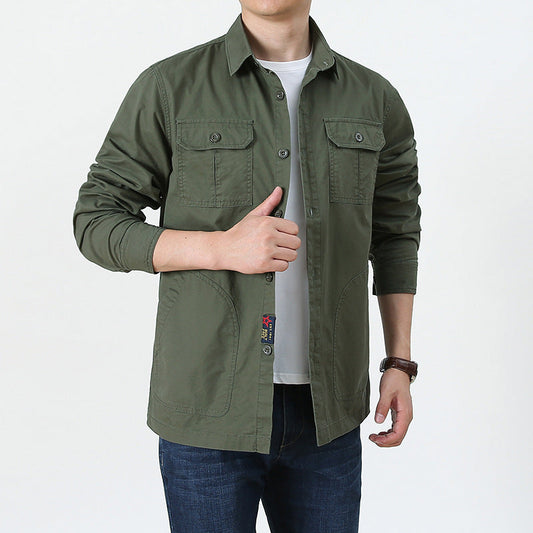 mens lightweight button up shirt olive green with chest flap pockets worn open over white tee