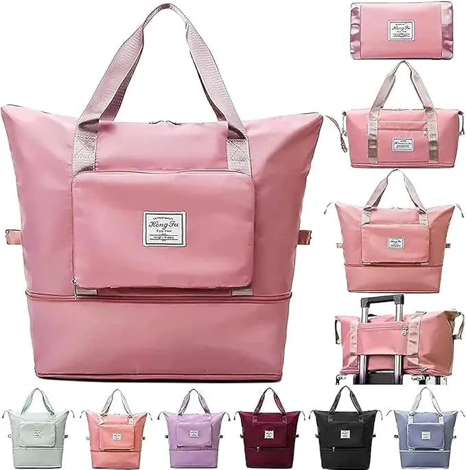 Pink expandable travel bag for women with multiple compartments and sturdy handles