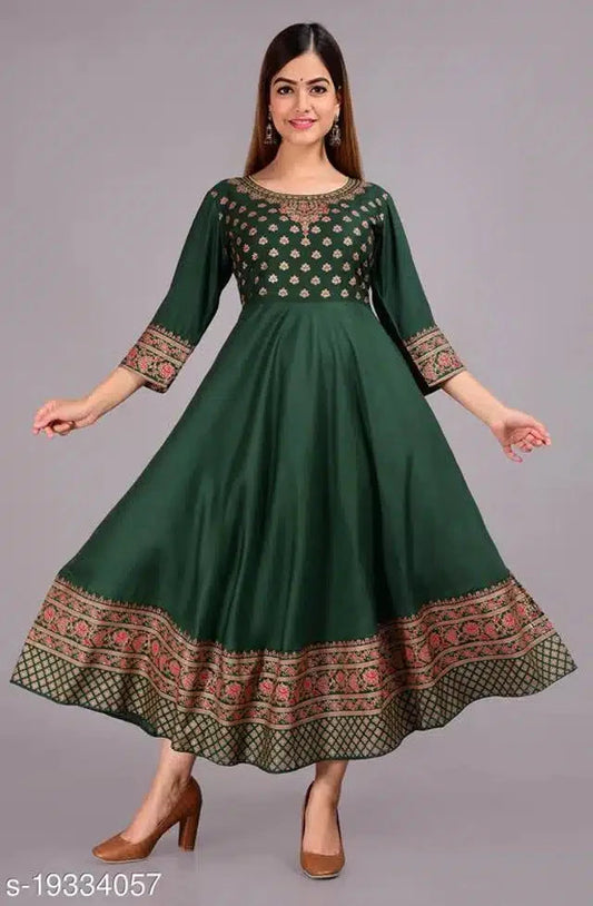 Green Rayon Anarkali Kurti with Embroidered Borders