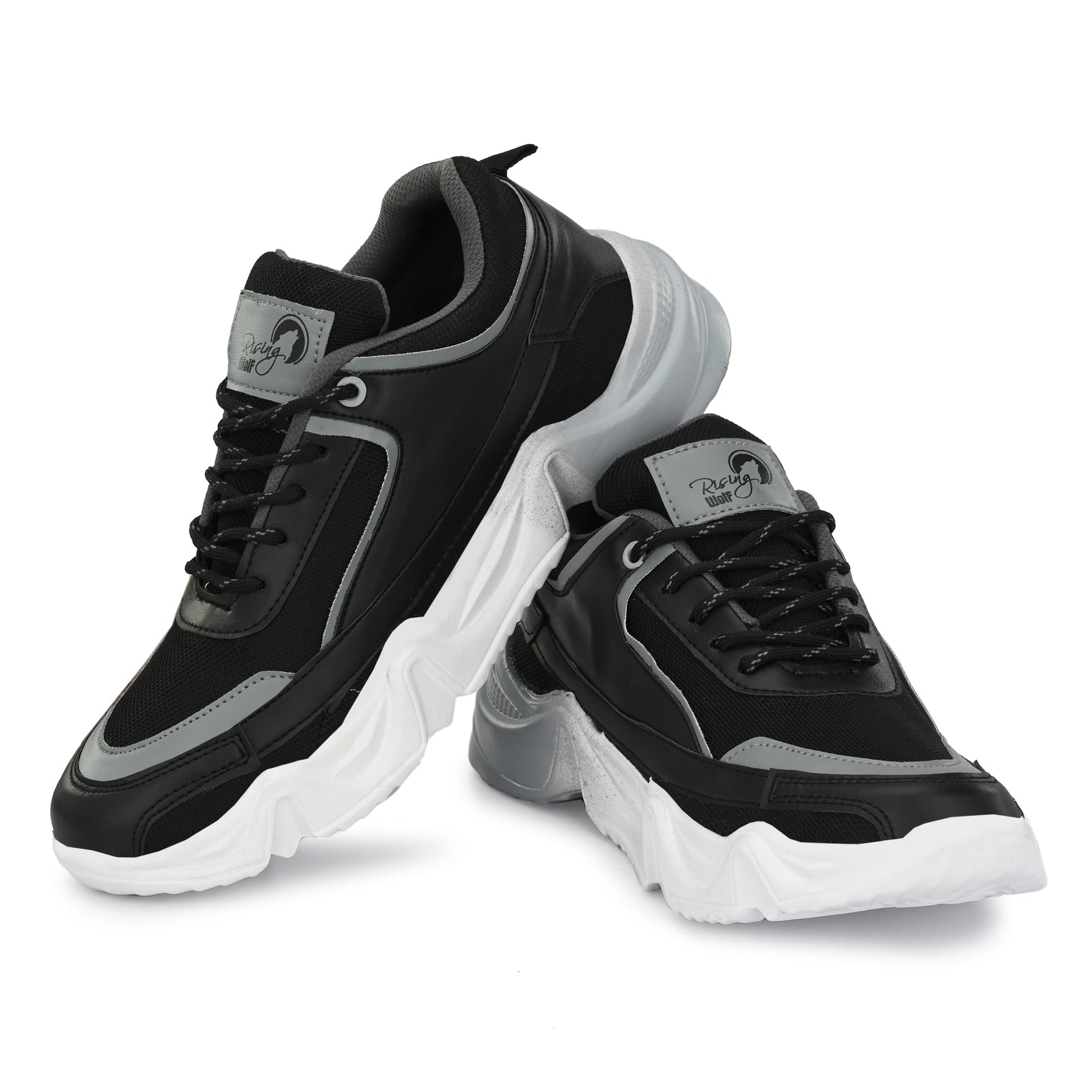 Grey sport shoes for men with black and white chunky soles for athletic performance