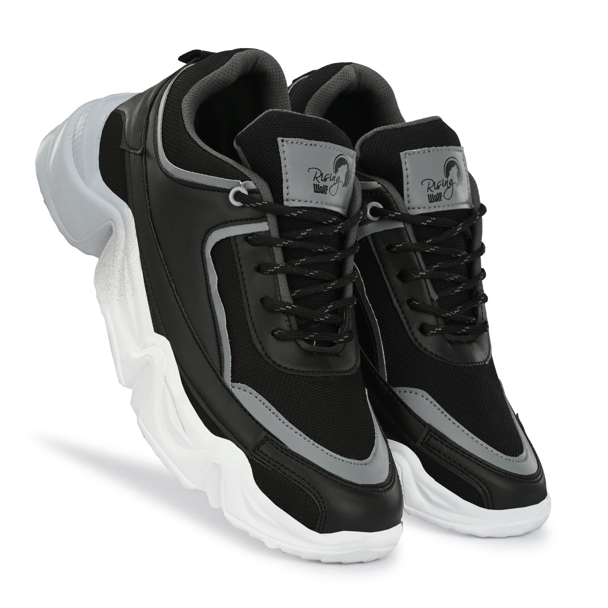 Black and grey sport shoes for men with white chunky sole and lace-up design