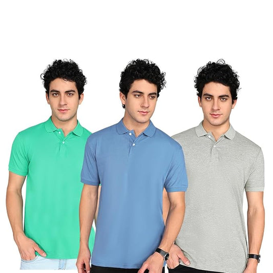 Three male models in green blue and gray short sleeve shirts showcasing affordable round neck t-shirts for men