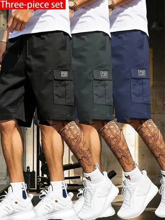 Three-piece set of casual cargo shorts for men in black, green, and navy blue colors