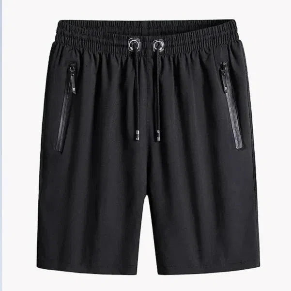 Black comfortable cotton shorts for men with drawstring waist and zippered pockets