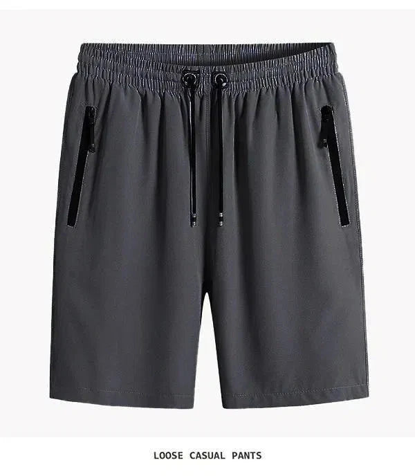 Gray comfortable cotton shorts for men with elastic waistband and zippered pockets
