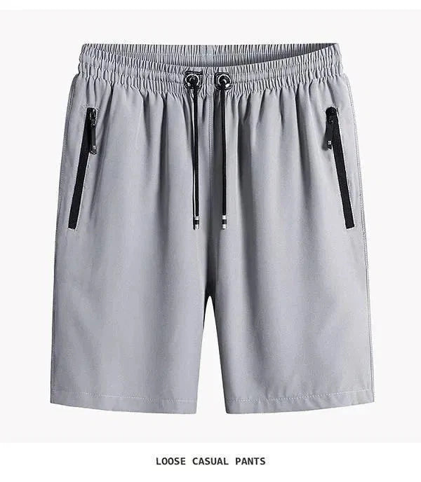 Light gray comfortable cotton shorts for men with elastic waistband and zippered pockets