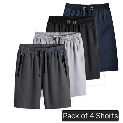 Pack of 4 comfortable cotton shorts for men in black, gray, navy, and light gray with drawstring waist