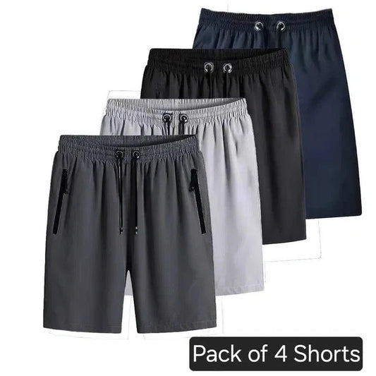 Pack of 4 comfortable cotton shorts for men in black, gray, navy, and light gray with drawstring waist