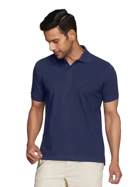 Men polo style navy blue t-shirt short sleeves with collar tailored relaxed fit ideal for casual summer outfits