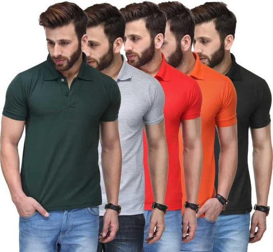 Pack of 5 t shirts for men in green gray red orange and black colors casual fitted style