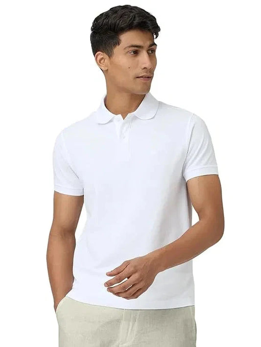 Male model wearing a white cotton t-shirt for men polo style short sleeve casual fit
