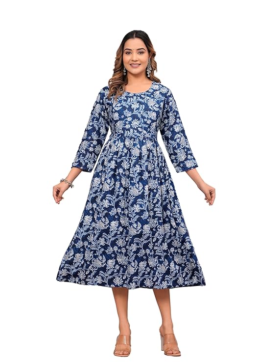 Blue and white floral printed kurti for women with three-quarter sleeves and a flared design