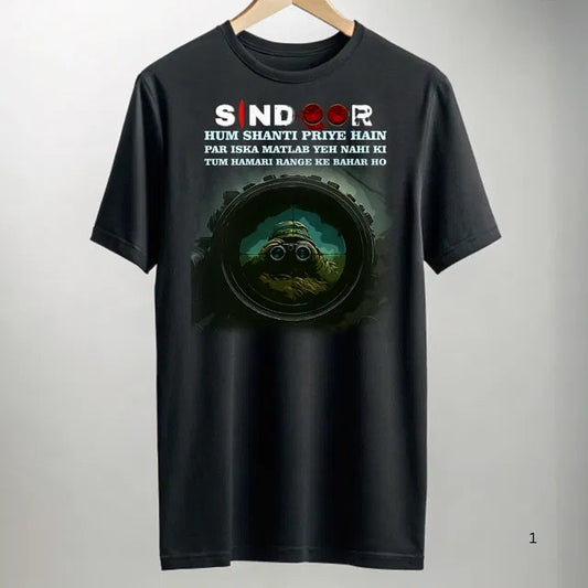 Black Operation Sindoor t-shirt with soldier graphic and Hindi text printed on front
