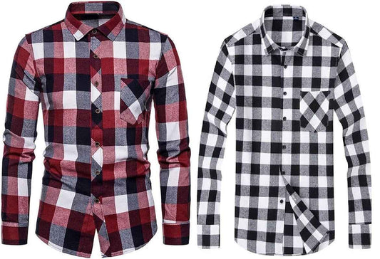 Pack of 2 cheked shirts for men with long sleeves and front chest pockets in red and black designs