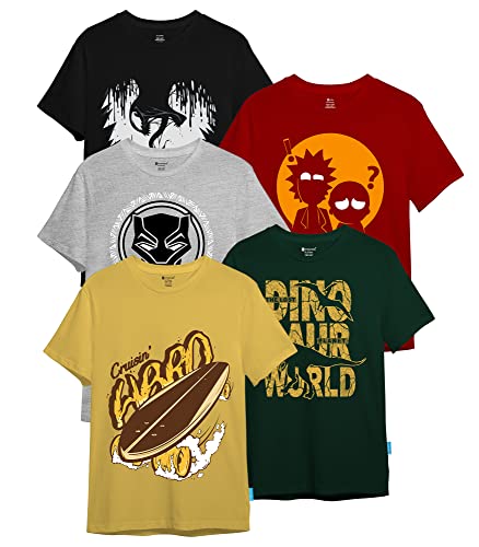 Pack of 5 printed t shirts for men featuring various graphic designs in black, red, gray, green, and yellow colors